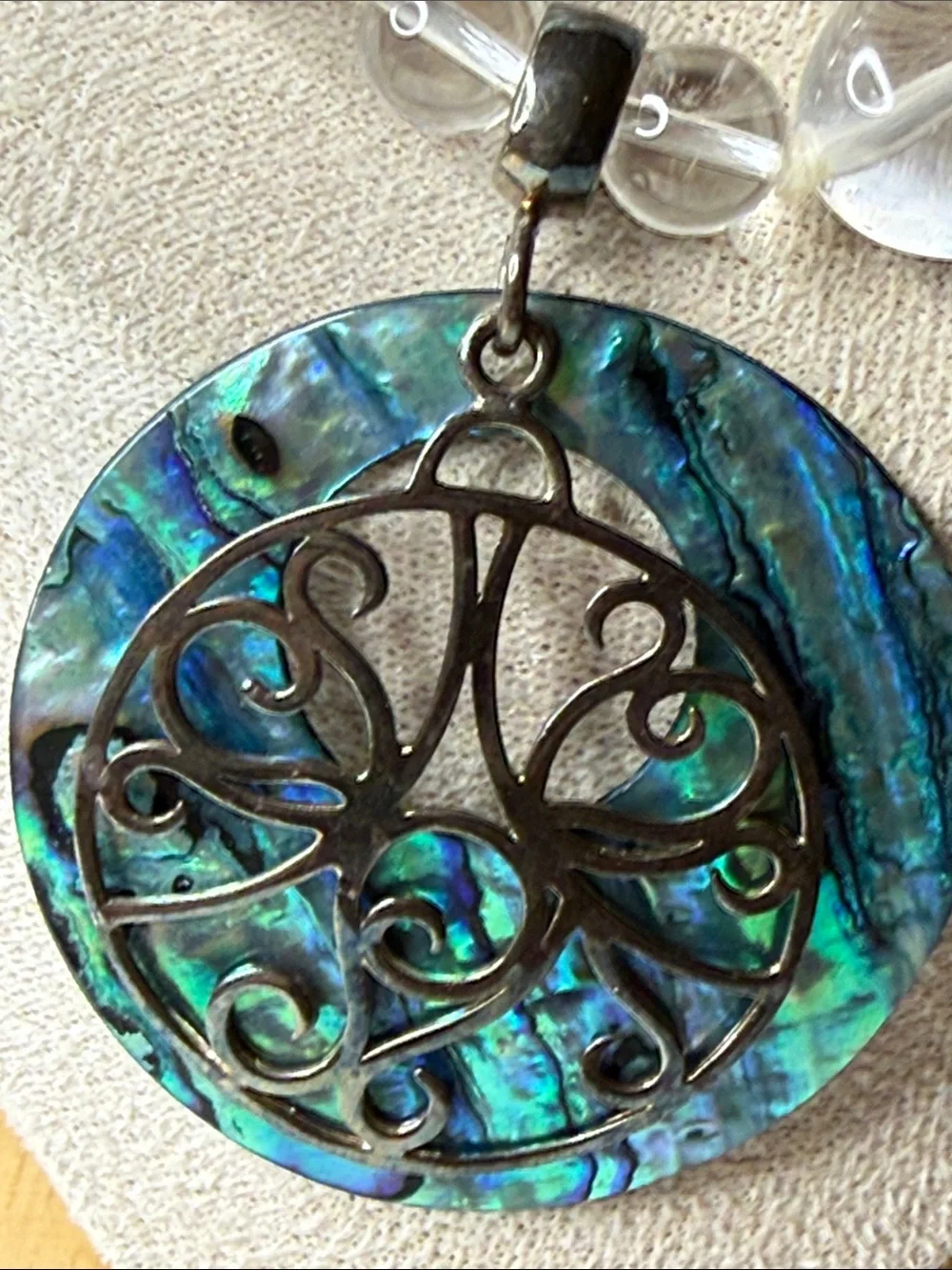 Sterling silver 925 artisan Clear Glass Bead Necklace Abalone Pendant runway